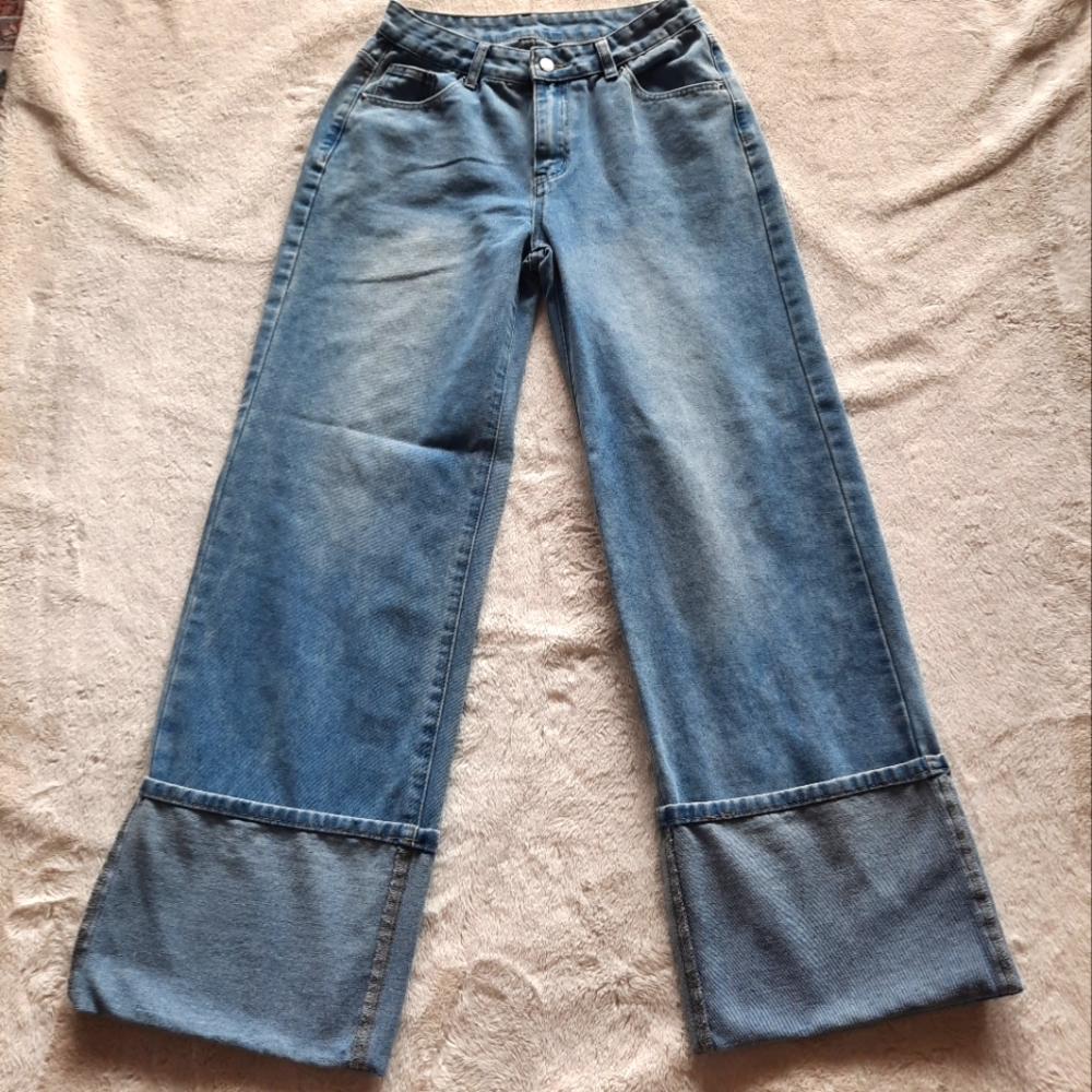Wide Leg Blue Jeans Mega Cuff By Shein Size 28/30 Mid-High Rise Light Wash